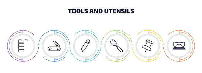 Poster - tools and utensils infographic element with outline icons and 6 step or option. tools and utensils icons such as hanging ladder, penknife, pencil tool, large spoon, school push pin, hole puncher