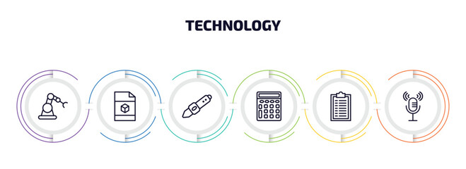 Poster - technology infographic element with outline icons and 6 step or option. technology icons such as robotic hand, cad, digital pen, basic calculator, summary, microphone voice vector.
