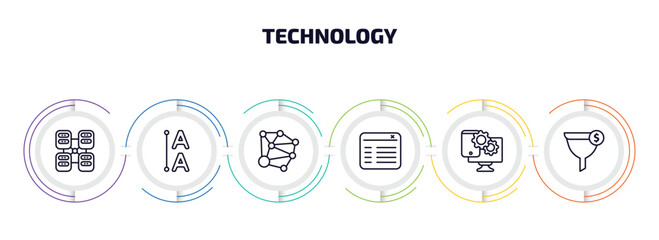 Poster - technology infographic element with outline icons and 6 step or option. technology icons such as data modelling, leading, social graph, attributes, customize, conversion vector.