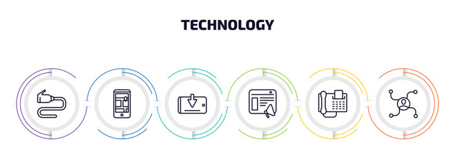 Wall Mural - technology infographic element with outline icons and 6 step or option. technology icons such as wired connection, touristic, receive, content marketing, fax phone, affiliate marketing vector.