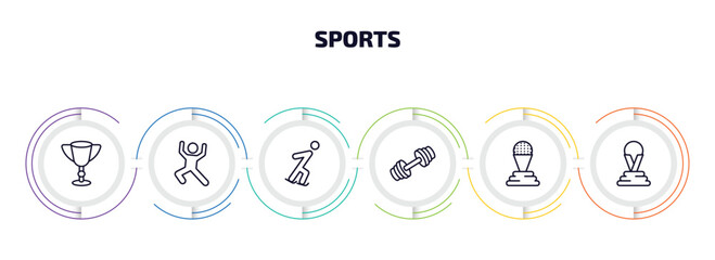 Aufkleber - sports infographic element with outline icons and 6 step or option. sports icons such as football cup, dancing motion, ice skating, weighted bars, golf champion, world cup vector.