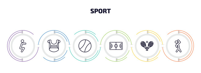 Aufkleber - sport infographic element with outline icons and 6 step or option. sport icons such as squat, chest guard, tennis sport ball, basketball court, tennis game, aerobics vector.