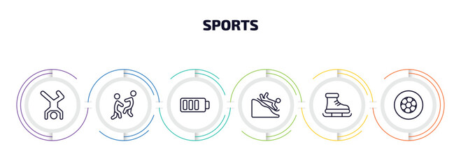 Poster - sports infographic element with outline icons and 6 step or option. sports icons such as breakdance, aikido, batter, snow slide zone, ski boots, football ball circular vector.