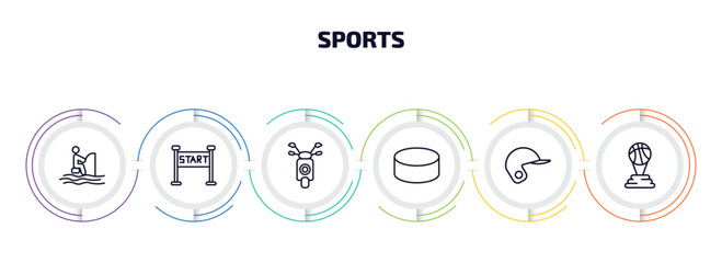 Poster - sports infographic element with outline icons and 6 step or option. sports icons such as fisher fishing, starting line, motor sports, hockey puck, baseball helmet, basketball champion vector.