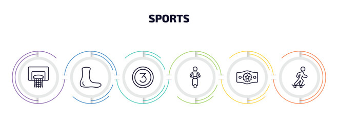 Poster - sports infographic element with outline icons and 6 step or option. sports icons such as basketball basket, ankle, third, motorbike riding, champion belt, boy with skatingboard vector.