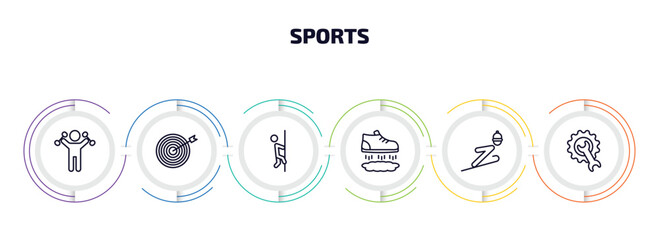 Poster - sports infographic element with outline icons and 6 step or option. sports icons such as excersice, bullseye, climber, flying shoes, jumping ski, equipment vector.