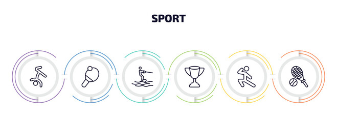 Poster - sport infographic element with outline icons and 6 step or option. sport icons such as breakdancing dancer, table tennis, wakeboarding, trophy, karate, tennis vector.