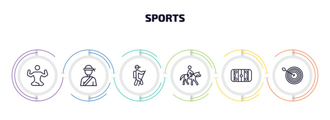 Poster - sports infographic element with outline icons and 6 step or option. sports icons such as yoga posture, pencak silat, trekking, horseback, hockey arena, dartboard with dart vector.