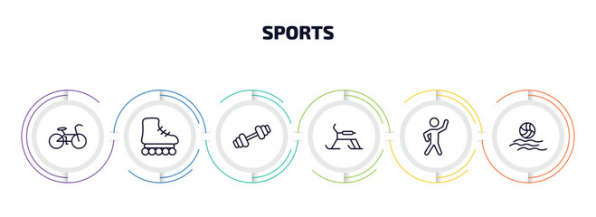 Poster - sports infographic element with outline icons and 6 step or option. sports icons such as race bike, roller skate, gym weight, skibob, stretching, waterpolo vector.