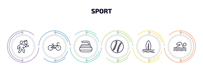 Poster - sport infographic element with outline icons and 6 step or option. sport icons such as man award, racing bike, curling, baseball ball, surf, swimming vector.