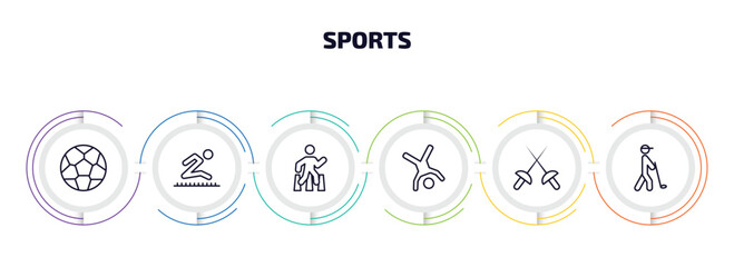 Poster - sports infographic element with outline icons and 6 step or option. sports icons such as football, long jump, pedestrian walking, cartwheel, fencing, golf player hitting vector.