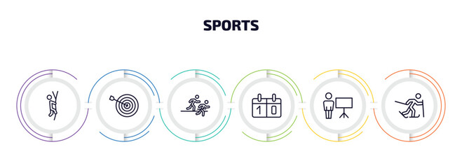 Aufkleber - sports infographic element with outline icons and 6 step or option. sports icons such as climbing with rope, dartboard and dart, running a race, scoreboard, training, skier skiing vector.