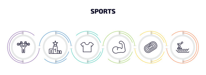 Poster - sports infographic element with outline icons and 6 step or option. sports icons such as man lifting weight, podium, short sleeves, muscle, running track, swimming jump vector.