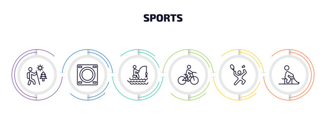 Poster - sports infographic element with outline icons and 6 step or option. sports icons such as adventure, dohyo, fishing man, man riding bike, man playing badminton, person riding on sleigh vector.