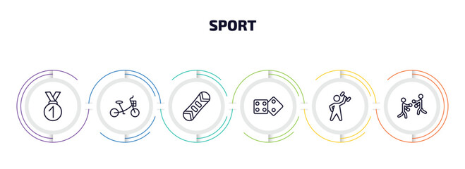Poster - sport infographic element with outline icons and 6 step or option. sport icons such as medal with number 1, bicycle for children, snowboard, board gaming, dumbbell for training, boxing vector.