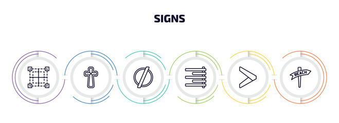 Poster - signs infographic element with outline icons and 6 step or option. signs icons such as borders, gross dark cross, empty, align right, is greater than, beach vector.