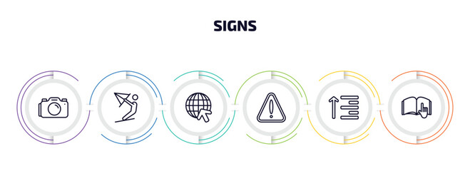 Poster - signs infographic element with outline icons and 6 step or option. signs icons such as camera, kitesurf, internet, alert, align, instruction vector.