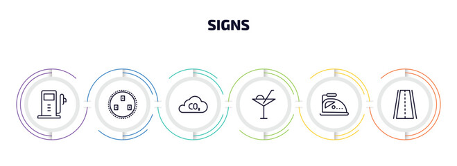 Poster - signs infographic element with outline icons and 6 step or option. signs icons such as gas station, because, co2, drinks, ironing, roads vector.