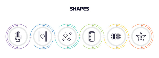 Poster - shapes infographic element with outline icons and 6 step or option. shapes icons such as gauntlet, film strip with heart, morning star, cylinder volumetric, radiators, star with number three vector.