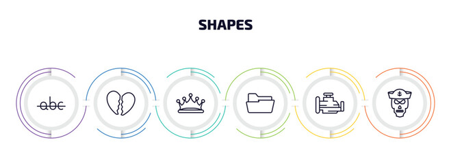 Poster - shapes infographic element with outline icons and 6 step or option. shapes icons such as strike through, broken heart, prince crown, open folder, malfunction indicador, sailor skull vector.