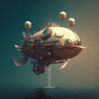 A large flying machine floats above the surface of the water, steampunk style made with generative AI touched up in Photoshop