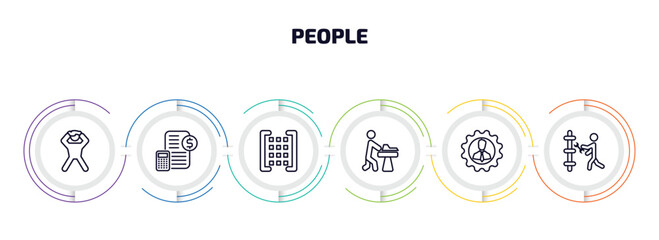 Poster - people infographic element with outline icons and 6 step or option. people icons such as pulling hair, book keeper, matrix, carpenter working, perfect worker, plumber working vector.