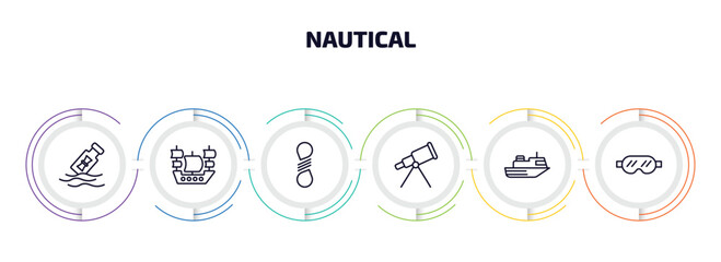Poster - nautical infographic element with outline icons and 6 step or option. nautical icons such as message in a bottle, old galleon, knot, boat telescope, ferry facing right, snorkling glasses vector.