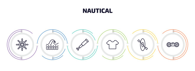 Poster - nautical infographic element with outline icons and 6 step or option. nautical icons such as helm, sea, nautical monocular, shirt, one kayak, binocular vector.