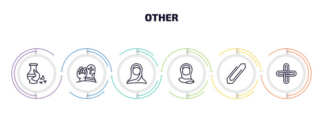 Poster - other infographic element with outline icons and 6 step or option. other icons such as broken vase, tombstone zombie hand, araba woman, muslim woman with hijab, office clip, interlock vector.