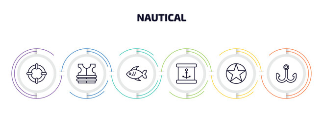 Wall Mural - nautical infographic element with outline icons and 6 step or option. nautical icons such as life preserver, life jacket, fish, sea package, star inside circle, double bait vector.