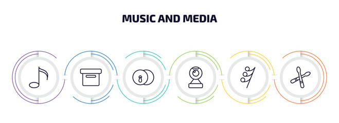 Poster - music and media infographic element with outline icons and 6 step or option. music and media icons such as quaver, image archive, cymbals, webcam video call, thirty second note rest, drumstick