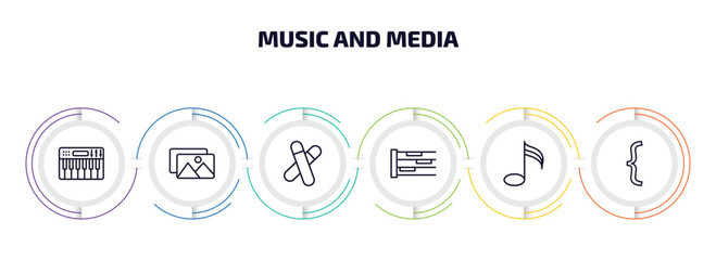 Poster - music and media infographic element with outline icons and 6 step or option. music and media icons s