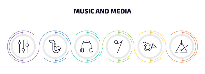Aufkleber - music and media infographic element with outline icons and 6 step or option. music and media icons such as music player tings, saxophone, player headphones, eight note rest, french horn, triangle