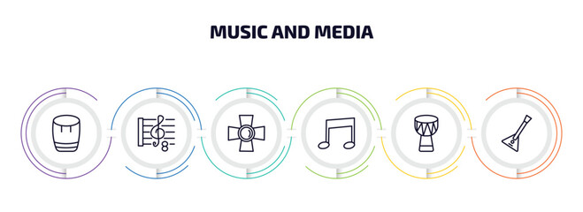 Poster - music and media infographic element with outline icons and 6 step or option. music and media icons such as bongo, octave, music spotlight, beam, djembe, balalaika vector.