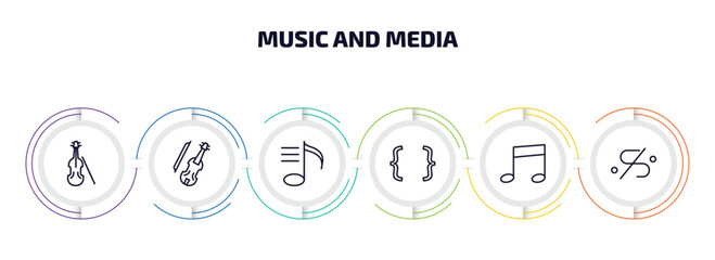 Poster - music and media infographic element with outline icons and 6 step or option. music and media icons such as violoncello, cello, playlist, brace, eighth note, segno vector.