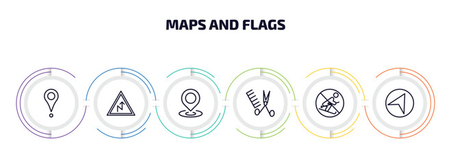Poster - maps and flags infographic element with outline icons and 6 step or option. maps and flags icons such as placeholder point, right reverse curve, maps mark, women hairstylist, no skiing, navigate