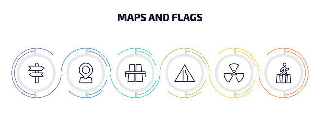 Poster - maps and flags infographic element with outline icons and 6 step or option. maps and flags icons such as vintage, locator, flyover bridge, narrow right lane, radiactive, crossing road caution