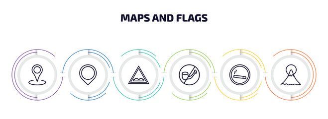 Poster - maps and flags infographic element with outline icons and 6 step or option. maps and flags icons such as locations, location marker, speed breaker, no smoking pipe, smoke zone, mount fuji vector.