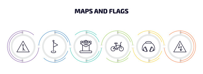 Poster - maps and flags infographic element with outline icons and 6 step or option. maps and flags icons such as road joining, maps flags, las vegas, bicycle, ear protection, electrocutation danger vector.