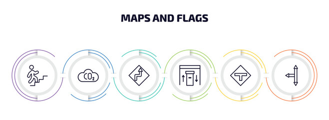 Poster - maps and flags infographic element with outline icons and 6 step or option. maps and flags icons such as walking up stair, co2, curves ahead, inmigration check point, t road intersection, left