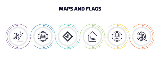 Poster - maps and flags infographic element with outline icons and 6 step or option. maps and flags icons such as mining work zone, rail crossing, left side road, smoking place, no toileting, arrow on globe
