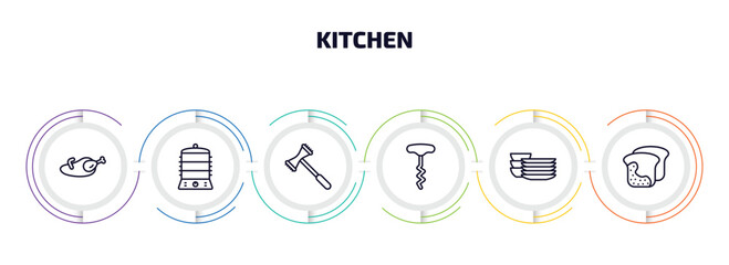 Poster - kitchen infographic element with outline icons and 6 step or option. kitchen icons such as broiler, steamer, meat tenderizer, corkscrew, dishes, molded vector.