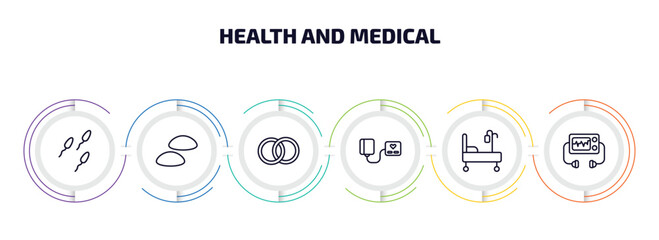 Poster - health and medical infographic element with outline icons and 6 step or option. health and medical icons such as sperm, breast implant, rings, blood pressure gauge, hospital bed, defibrillator