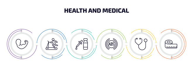 Wall Mural - health and medical infographic element with outline icons and 6 step or option. health and medical icons such as arm, treadmill, serum, abs, stethoscope, measure tape vector.