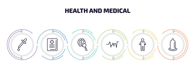 Wall Mural - health and medical infographic element with outline icons and 6 step or option. health and medical icons such as pipette, medical book, neurology, beat, body, condom vector.