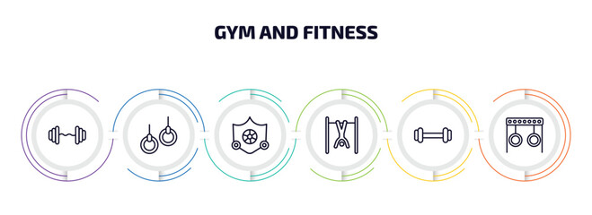 Poster - gym and fitness infographic element with outline icons and 6 step or option. gym and fitness icons such as dumbbells bar, gymnastic rings, elevation mask, exercise hang bar, exercising dumbbell,