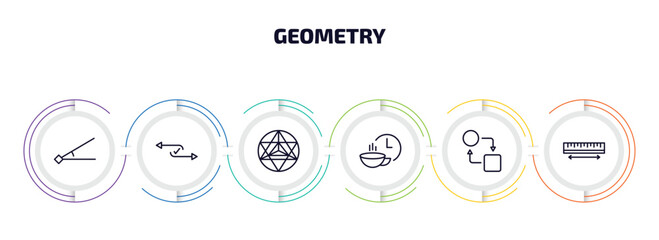 Wall Mural - geometry infographic element with outline icons and 6 step or option. geometry icons such as angle, flow, metatron cube, break, transform, measure vector.
