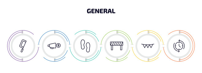 Poster - general infographic element with outline icons and 6 step or option. general icons such as fretsaw, marketing budget, steps, traffic barriers, party decoration, rewind time vector.