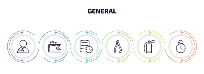 Poster - general infographic element with outline icons and 6 step or option. general icons such as shoulder immobilizer, card wallet, real time data, nippers, fire estinguisher, analog stopwatch vector.