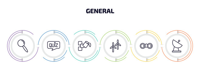 Poster - general infographic element with outline icons and 6 step or option. general icons such as magnifiying glass, quiz, live paint, renewable energy label, binocular, satellite antenna vector.